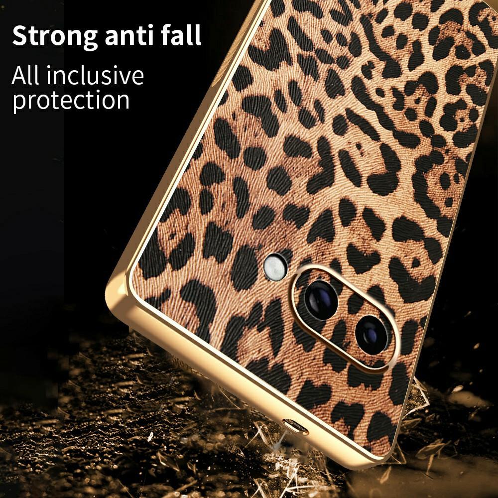 For Google Pixel 9a Case Leopard Print PU Leather Coated PC+TPU Electroplating Phone Cover