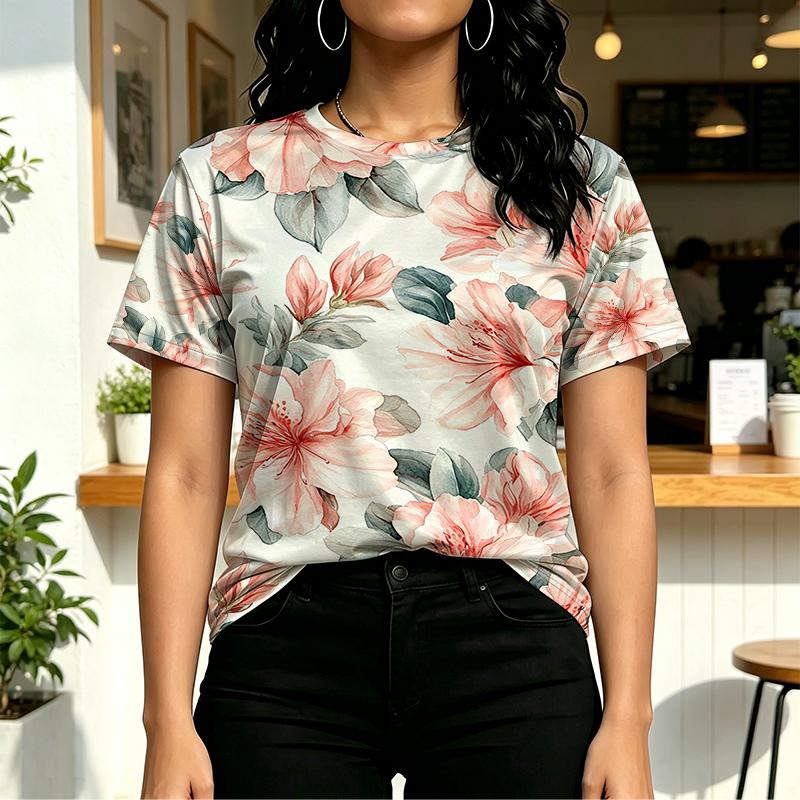 Women's Short Sleeve Top, Basic Versatile Floral Tee, Soft & Comfy Casual Shirt for Daily Shopping, Errands & Casual Leisure Wear