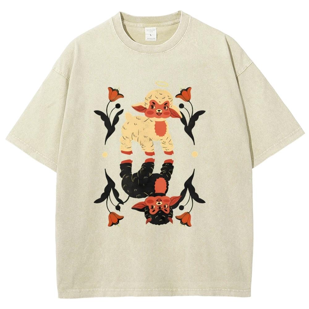 Cool Angel Demon Sheep T Shirts Unisex Washed Tees Men Women Short Sleeve T-shirts Cotton Streetwear T Shirts