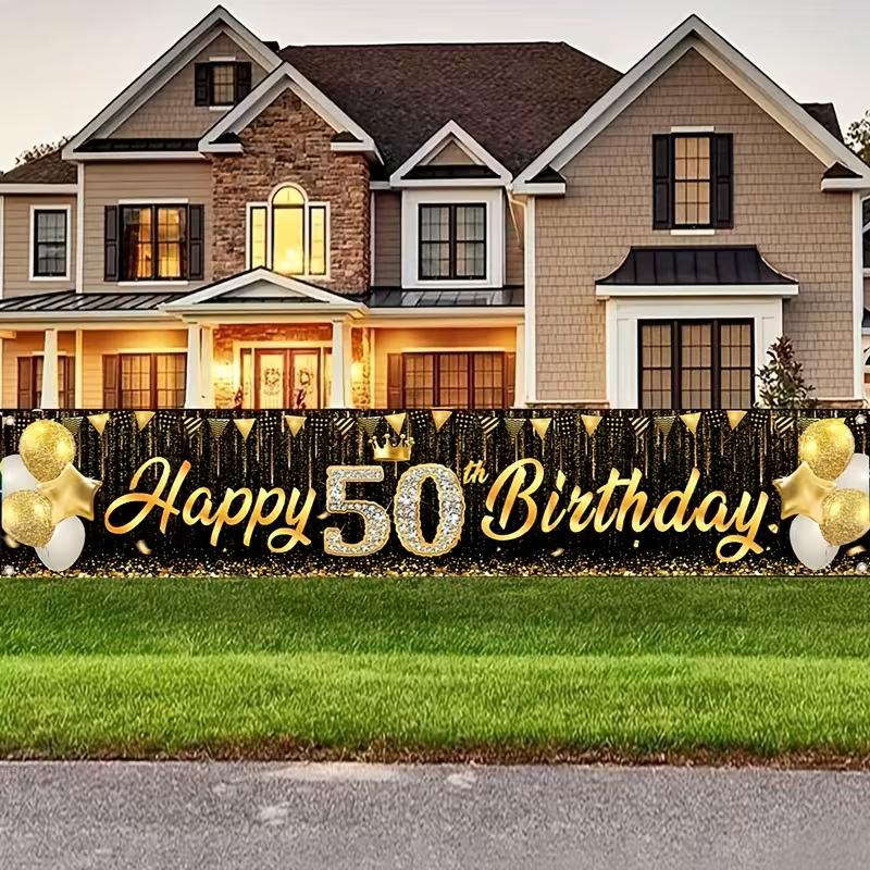 

2D 50th Birthday Outdoor Banner, Black Gold Balloon & Crown Themed Yard Sign 47.2x31.5inch/120*80cm