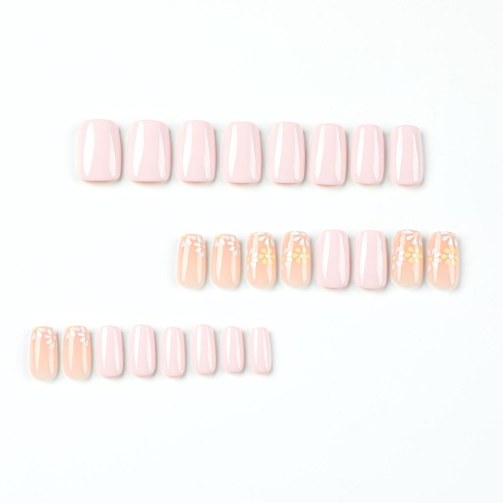 Wearable Nail Sticker Pink Nail Piece with Three-color Flower Nail Piece Wearable Nail Short Nail Piece Fake Nail