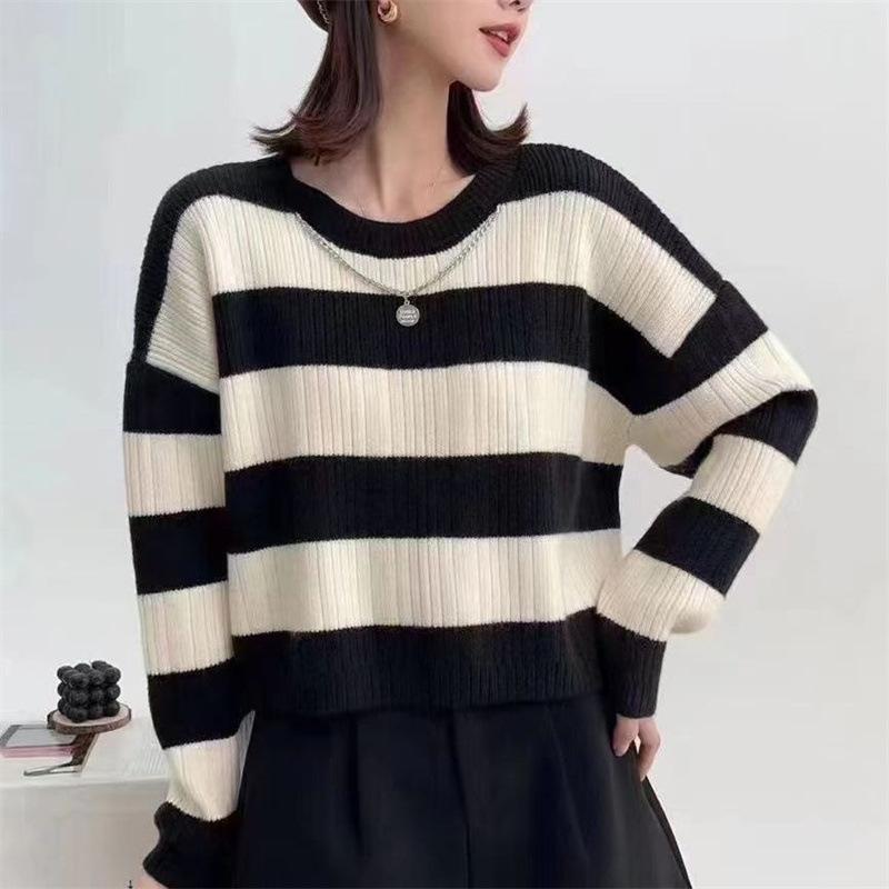 

YYFS Женская мода Повседневный Осень Зима Полосатый Принт Длинный Рукав О-Образным Вырезом Свитера Size: One Size чёрный