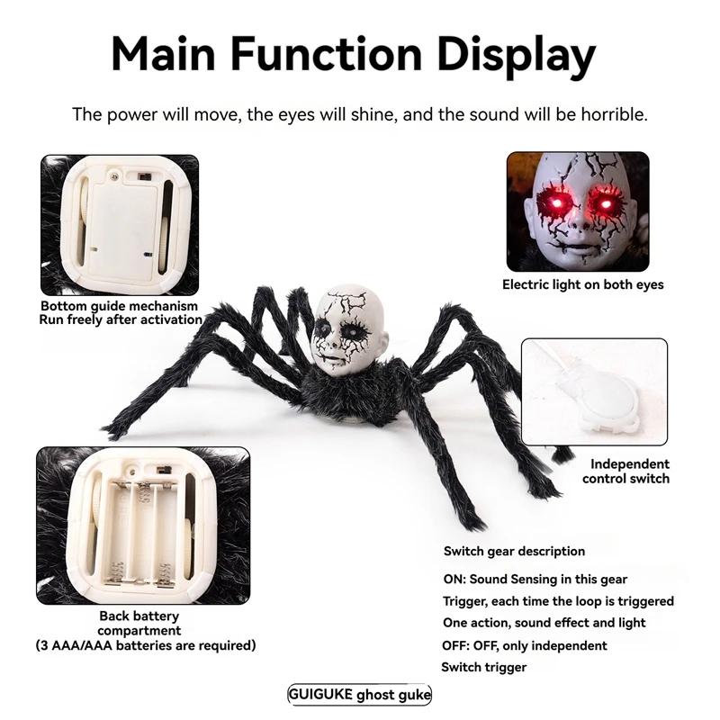 Sound Activated Face Spider for Halloween, Scary Animatronic Walking Spider Haunted House Prop Halloween Party Porch Decoration