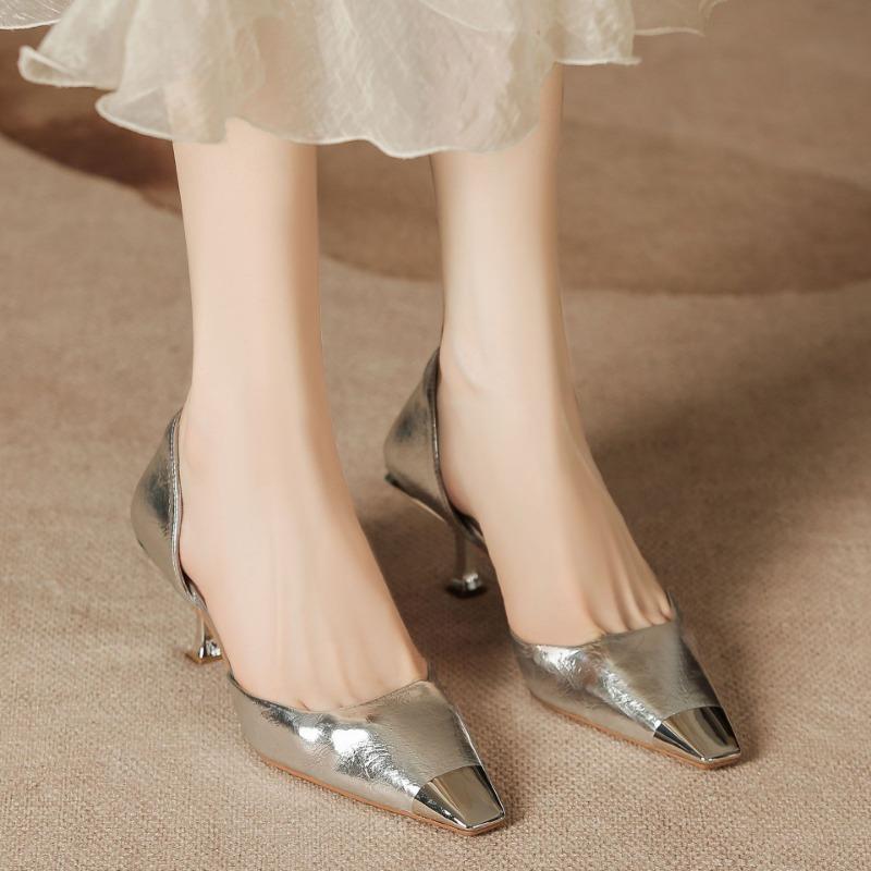 

H596-2 серебристые босоножки с квадратной головкой и железной головкой, летние женские босоножки с тонким каблуком и овчиной, для езды на работу ветром 39