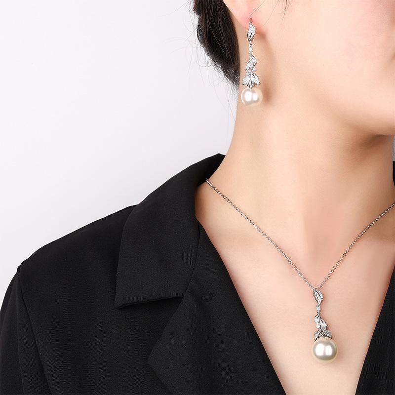 Jewelry Copper Bottom Gold-Plated Inlaid Pearl Temperament Leaf Set Female 16-14Mm