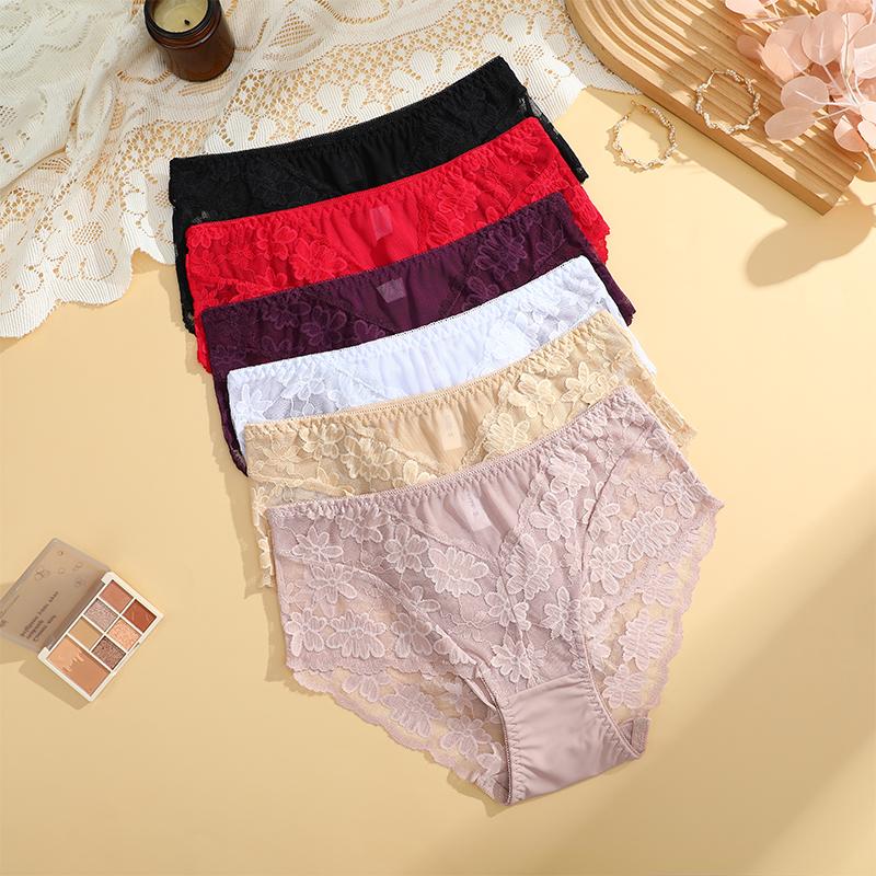 4PCS/Set Women Splice Panties Lace Floral Embroidery Briefs Sexy Female Underwear Lingerie for Ladies Transparent Briefs