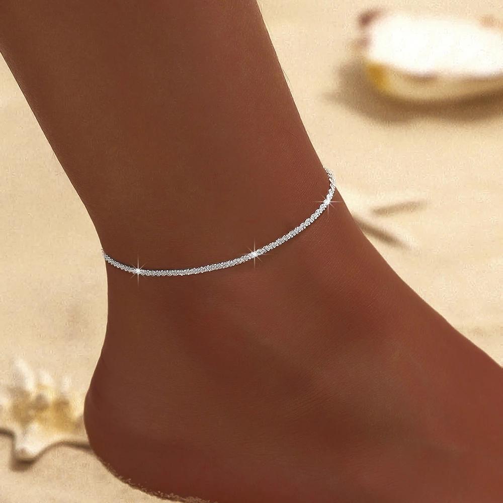 

1/2Pcs Shiny Sparkling Simple Silver Color Anklet For Women Simple Elegant Copper Jewelry Female Beach Ankle Bracelet On Foot Set