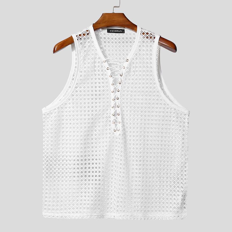

INCERUN Men Sleeveless Lace-up Bandage Hollow Out Casual Tank Tops S белый