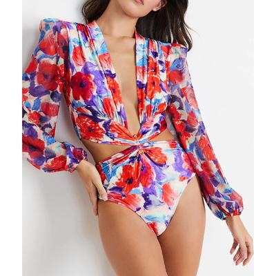 Women's One-piece Swimsuit Female Sense Hollow Long-sleeved Print Swimsuit