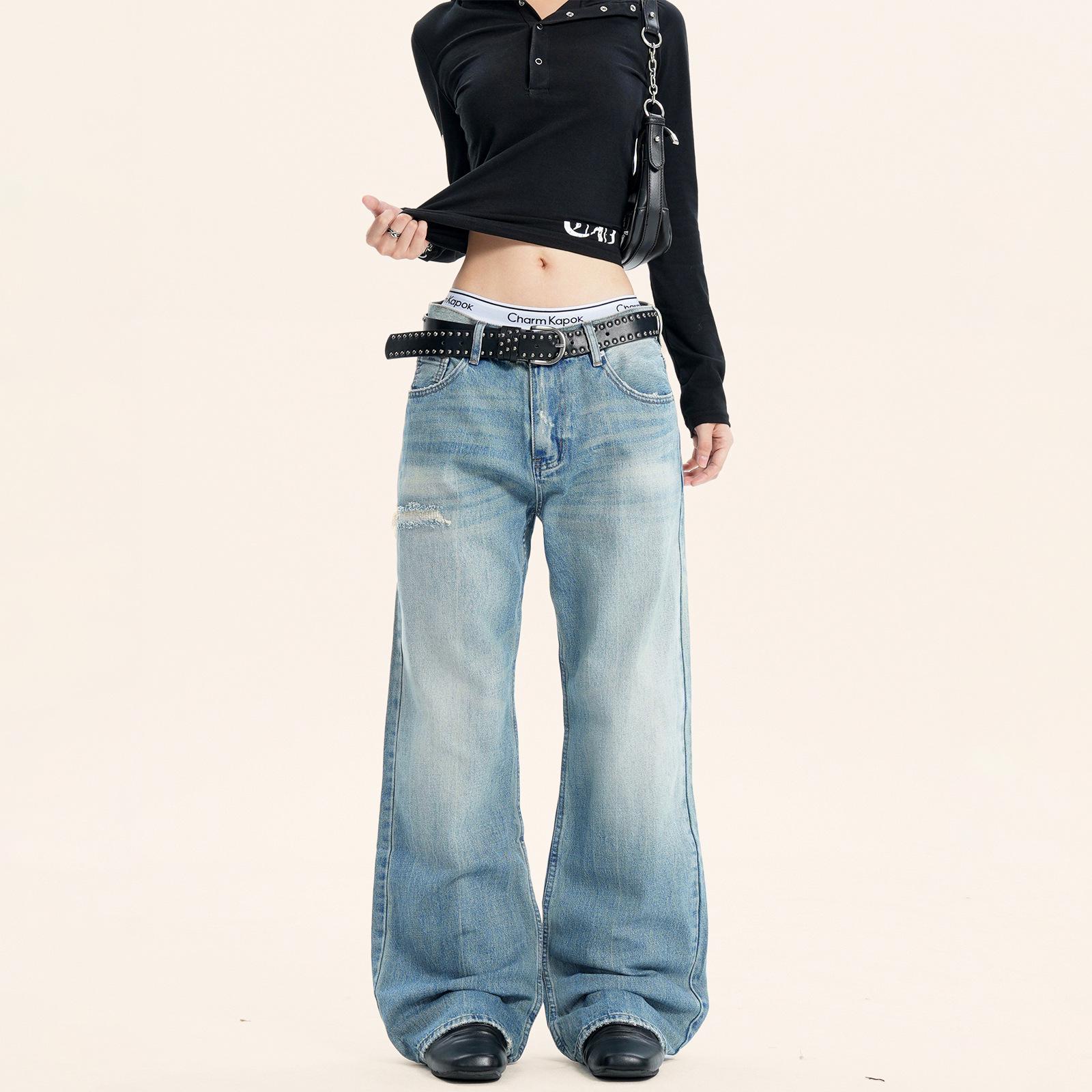 

Yongfang Ретро Выбеленные Синие Джинсы Унисекс Повседневные Свободные Брюки Харадзюку L синий