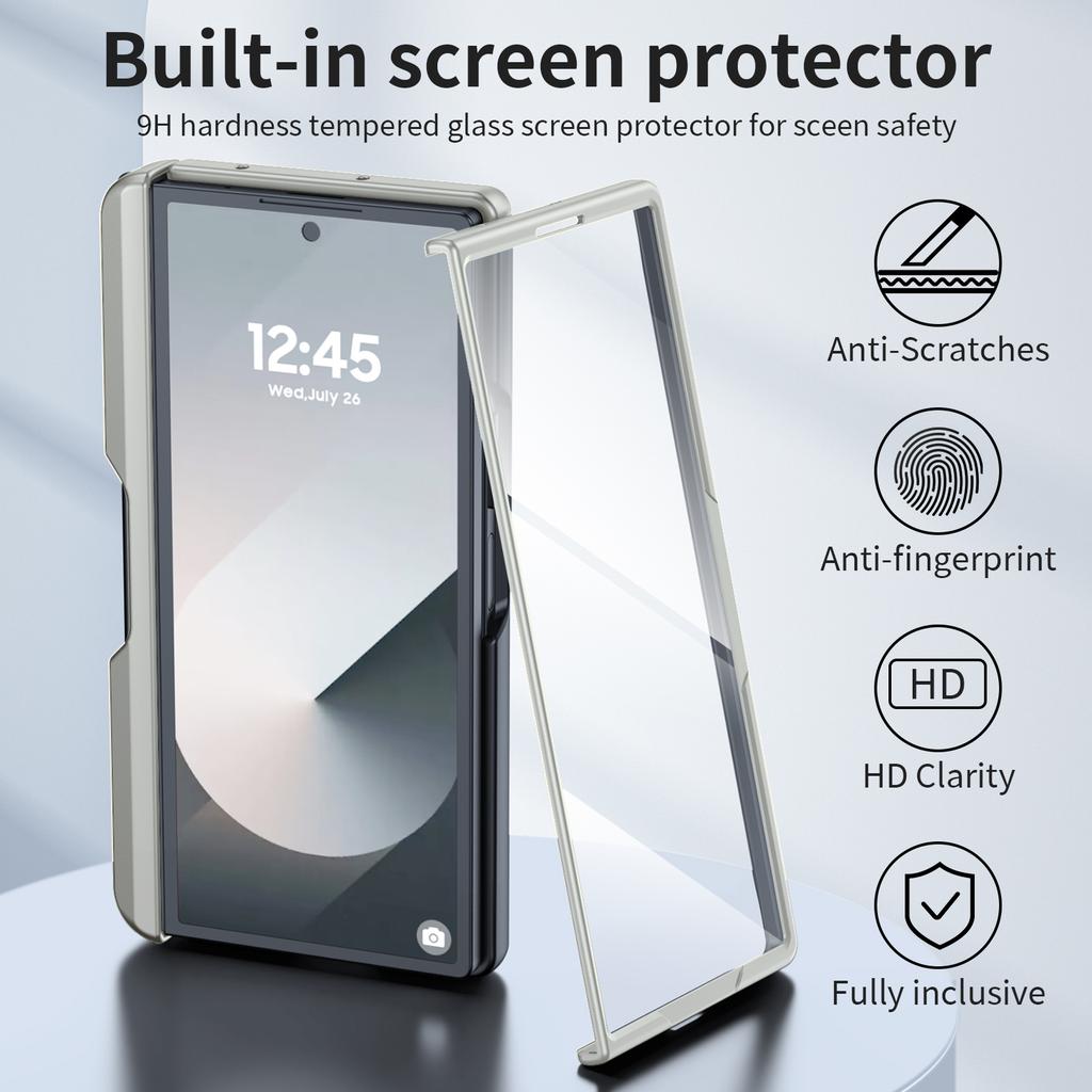 for Samsung Galaxy Z Fold 6 Phone Case With S Pen Holder, Hidden Stand, Screen Protector, Sturdy Shockproof Protective Case-Champagne