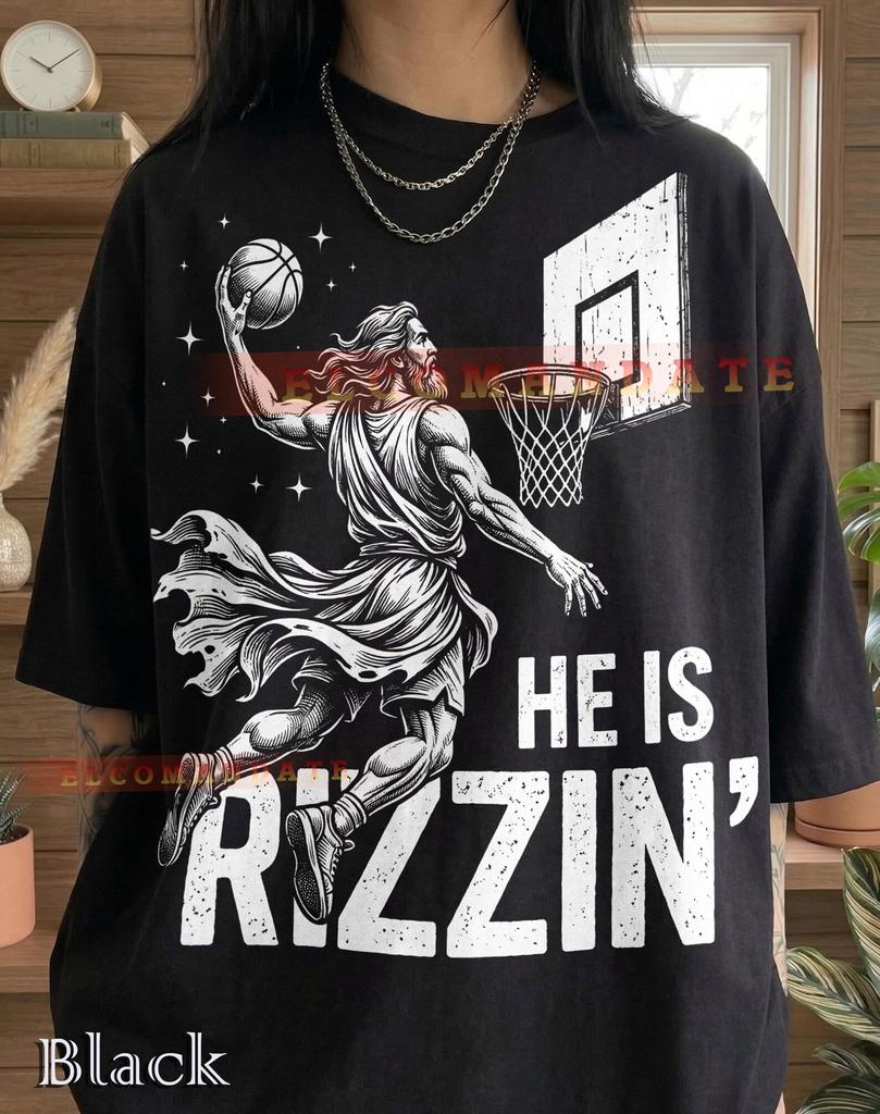 Jesus Christ He Is Rizzin Basketball Comfort Colors® Tshirt, Slam Dunk Sports Religious Humor Christian Vintage Bootleg Retro Design Tee