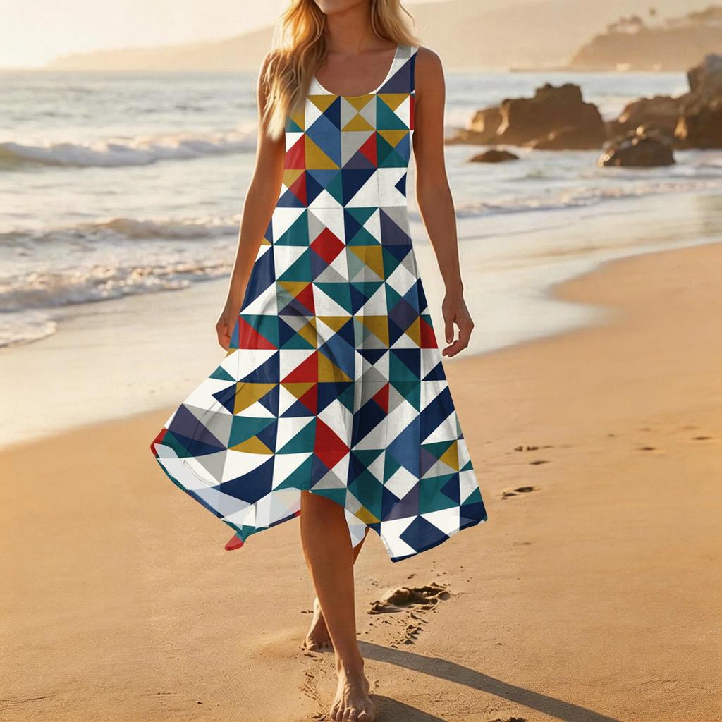 Sleeveless Casual Mid-Length Dress with Round Neck Irregular Hem Floral Print Comfortable Summer Dress for Women Beachwear