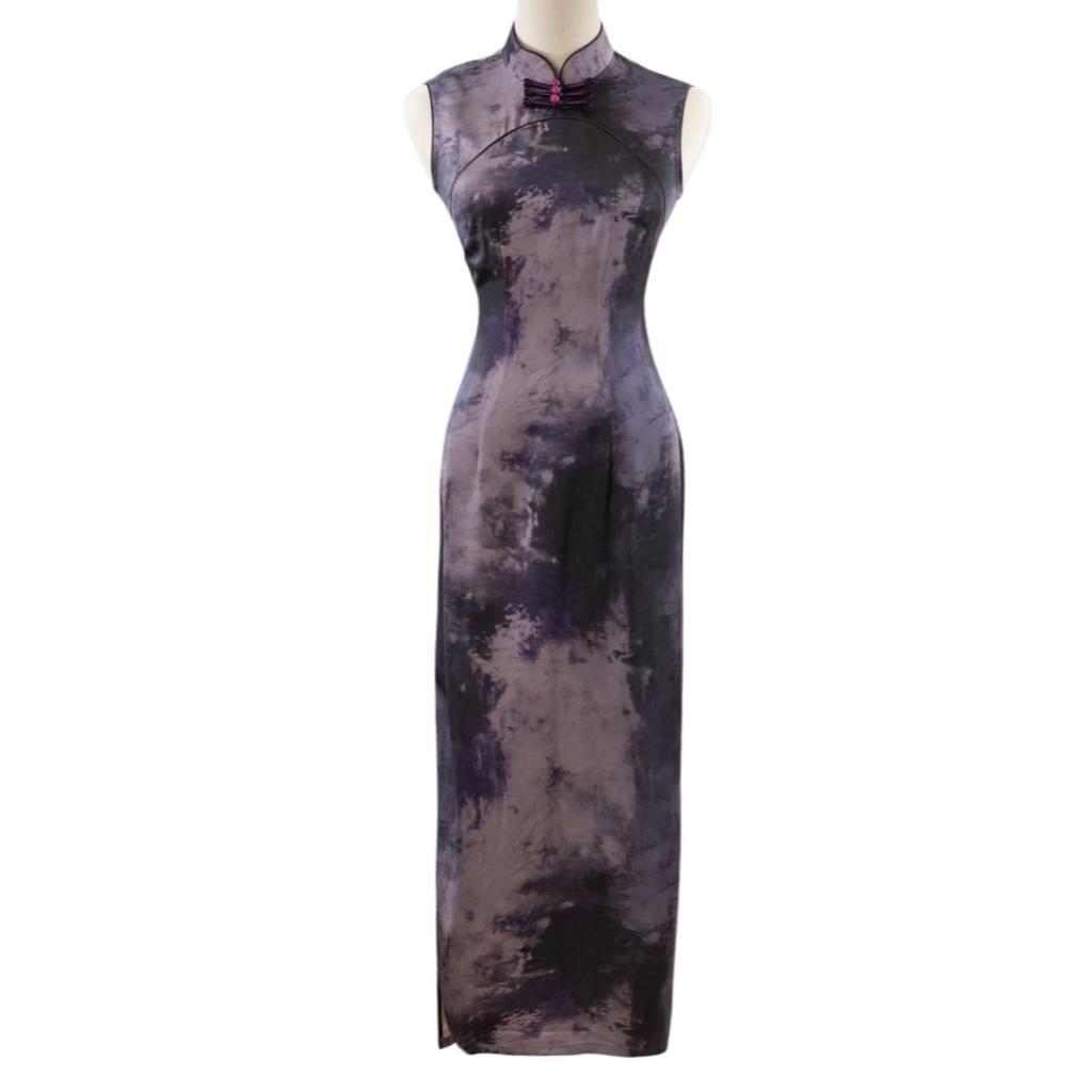 New Chinese-style Purple Satin Improved Cheongsam 1 New Women's Jiangnan Style Sleeveless Long Thin National Style Dress
