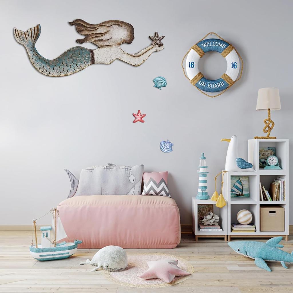 Rustic Wood Mermaid Decor Hanging Nautical Wall Decor, Wooden Mermaid Plaque Wall Sculpture Bathroom Beach Themed Decorations Coastal Mediterranean