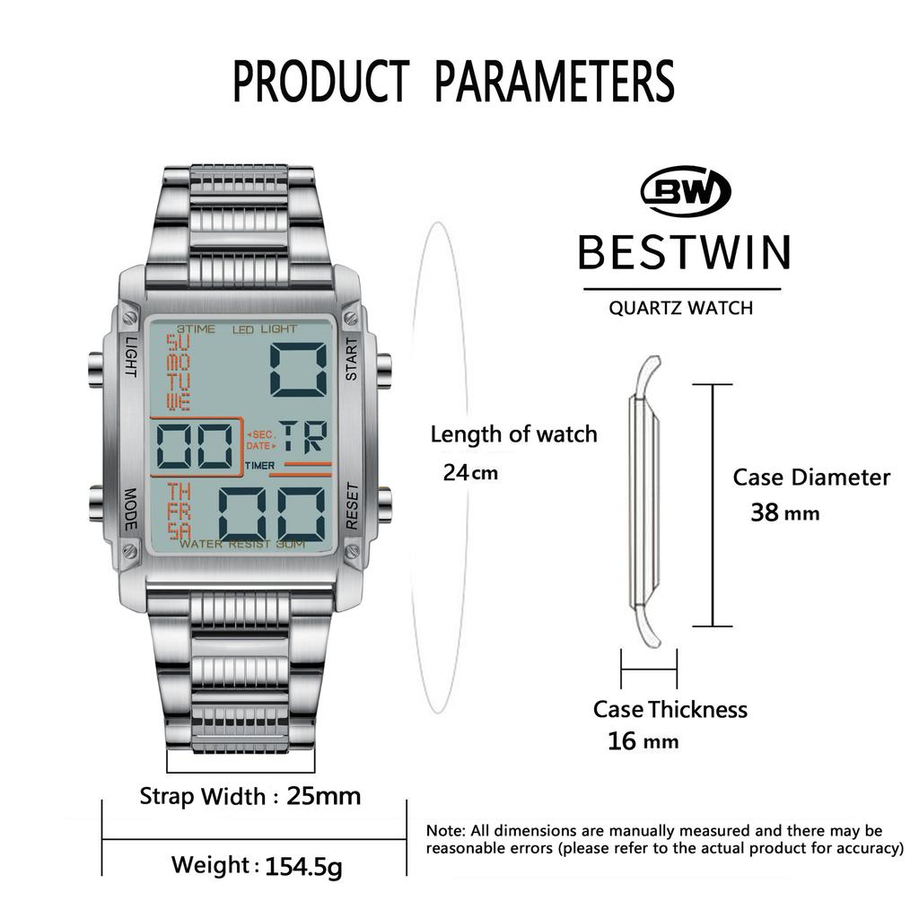 BESTWIN 126-2 Fashion Retro Men's Digital Watch Multifunction Steel Strap Waterproof Sporty Casual Male Watch Gift