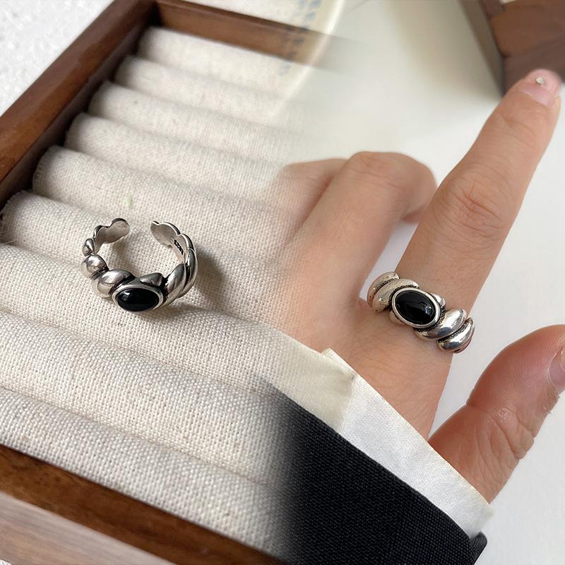 Black Drip Glaze Retro Thai Silver Jewelry Women's Non-fading High-end Open Ring