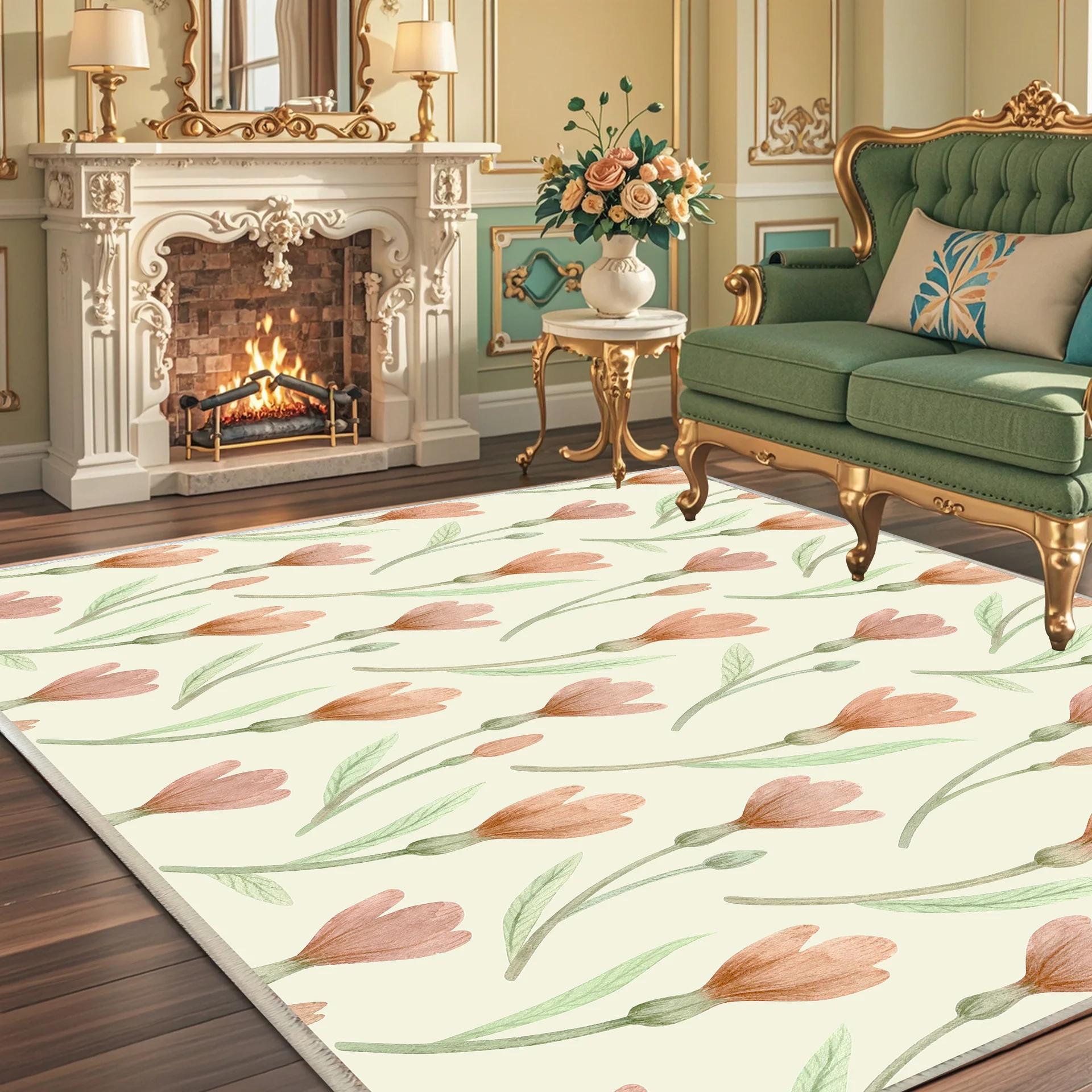 

French Rural Style Printed Area Rug Living Room Decor Carpet Machine Washable Bedroom Bedside Floor Mat Vintage Doormat 80x120cm