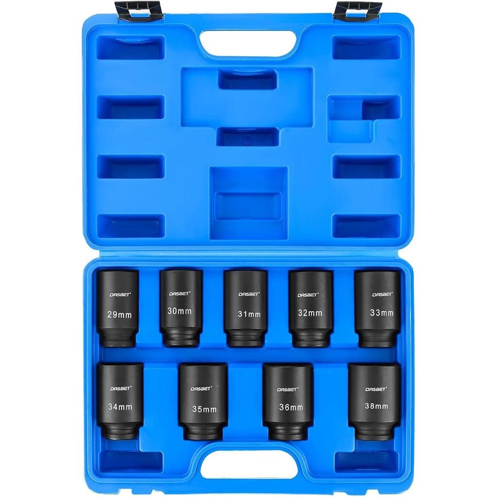 DASBET 1/2" Drive Deep Impact Socket Set 9PCS Axle Nut Impact Socket Set 6 Point 29-38mm Drive Metric Axle Hub Nut Set