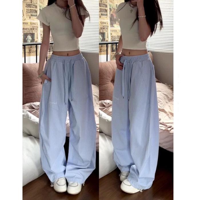 Blue Striped Women s Summer Casual Wide-Leg Breathable Hip Hop Pants Small