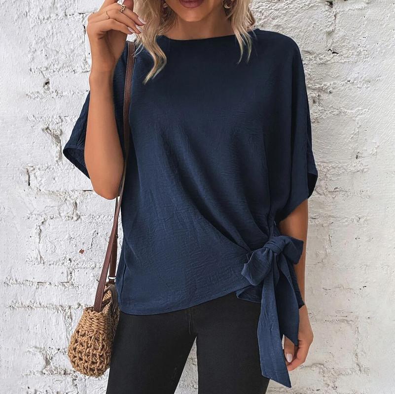 Solid Colour Round Neck Summer Bat Wing Sleeve T-Shirt Hem Knotted Loose Women's Tops