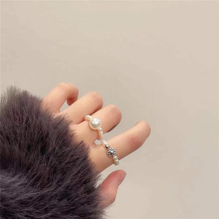 Korean Retro Geometric Heart & Clover Crystal Pearl Ring