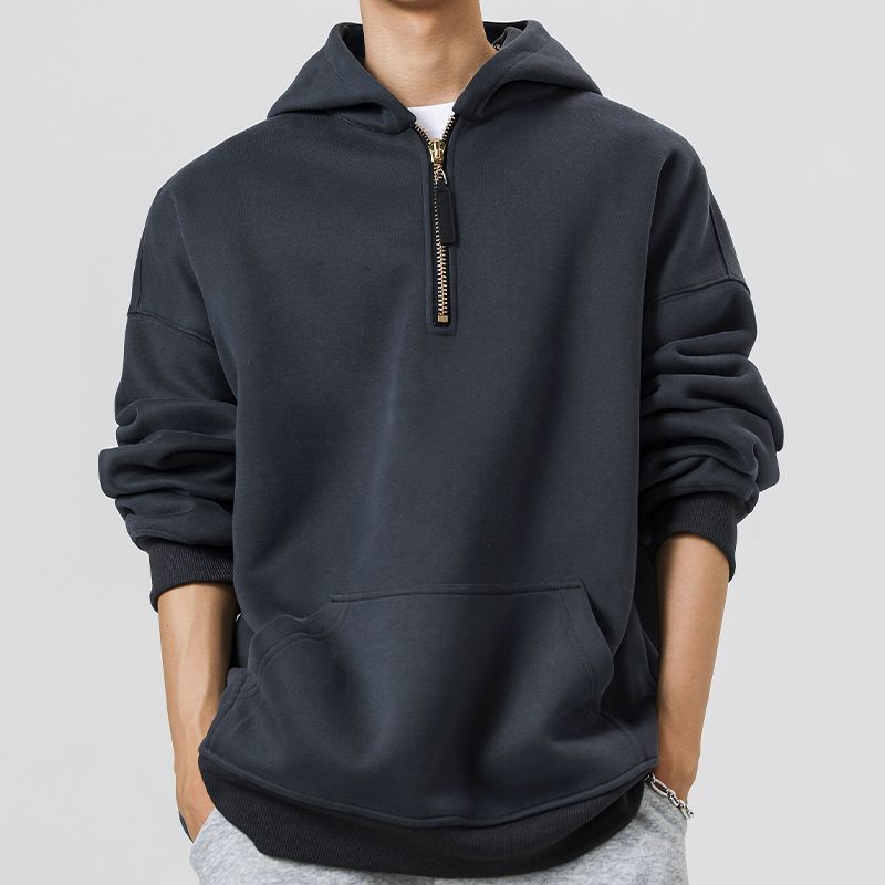 Solid Color Half Zip Hooded Sweatshirt Men Loose Casual Daily Pullover Hoodie
