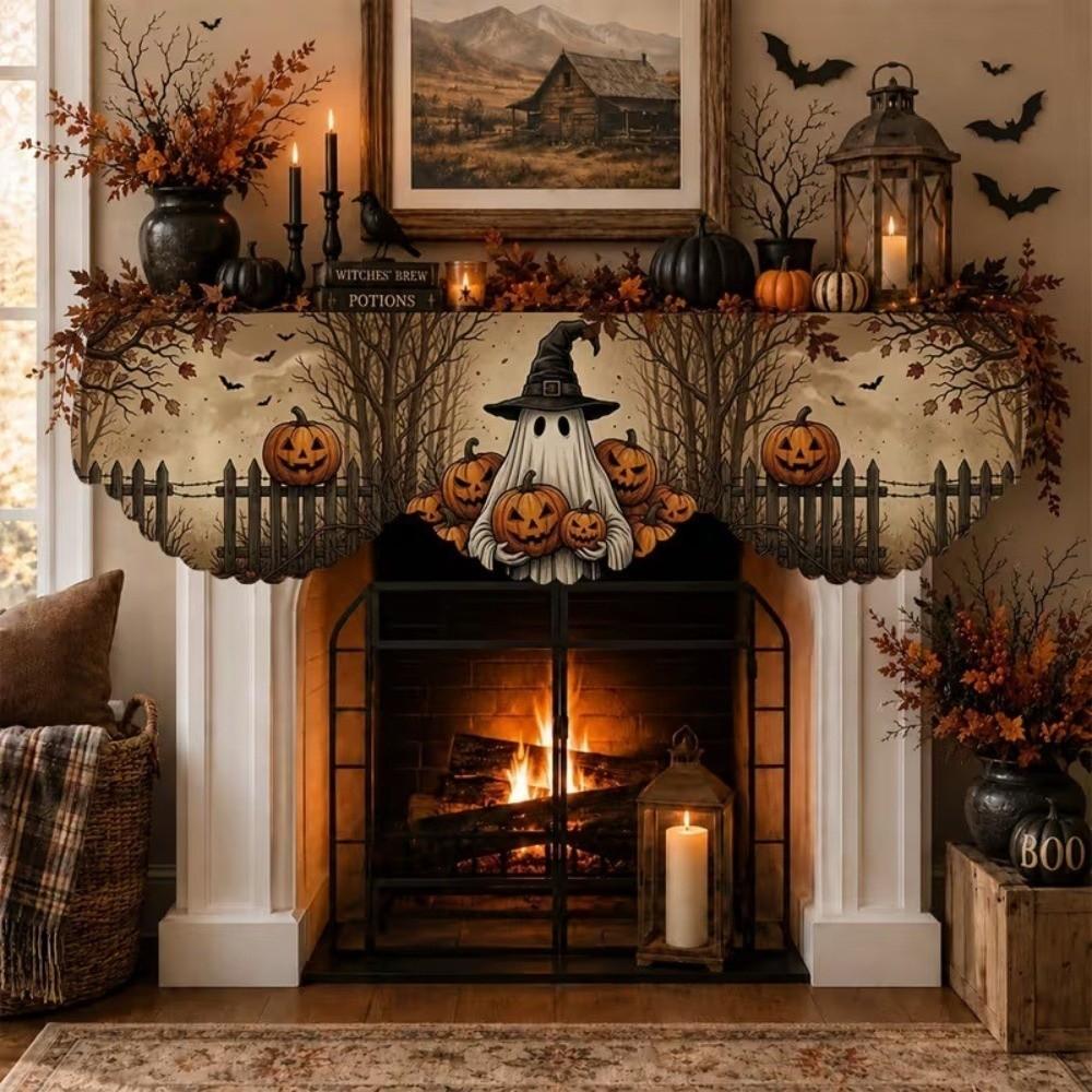 Scalloped Edge Halloween Mantel Scarf Haunted House Autumn Pattern Fireplace Shelf Cover Country-Style Pumpkin Theme