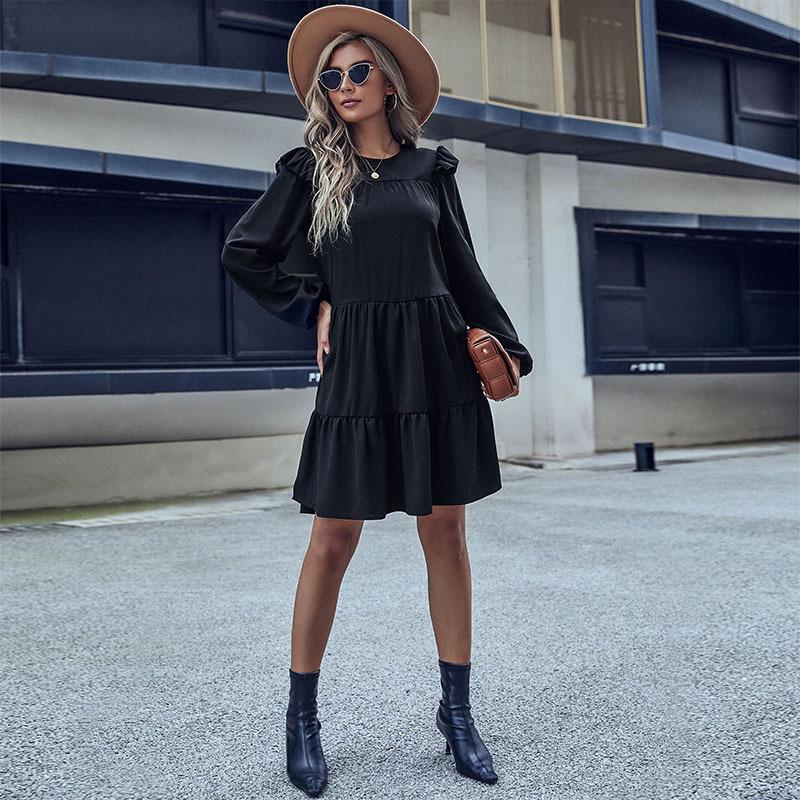 Temperament and Elegance Outer Wear Fashion Women's Long Sleeve Black Loose Dresses