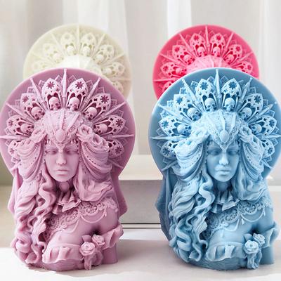 DIY Half Body Skull Head Queen Candle Silicone Mold Curly Hair Goddess Woman Resin Silicone Mold European Goddess Gypsum Mold