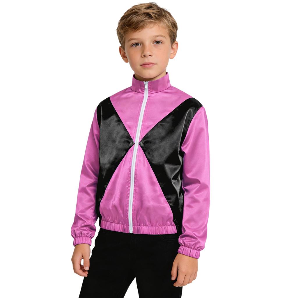 Kids Horse Rider Costume Color Block Mock Neck Zip Up Top Equestrian Training Competition Long Sleeve Outwear