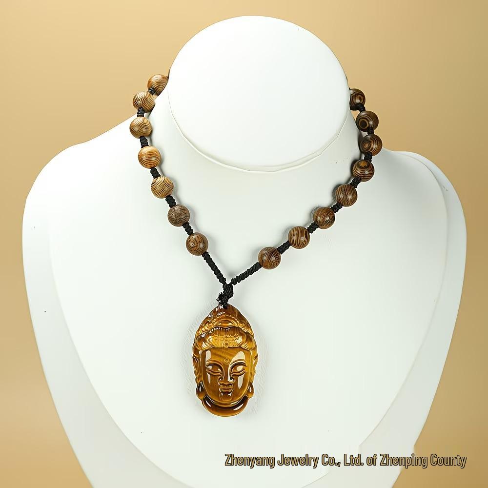 Unisex Tiger Eye Guanyin Buddha Head Pendant, Chinese Style Jade Pendant жёлтый