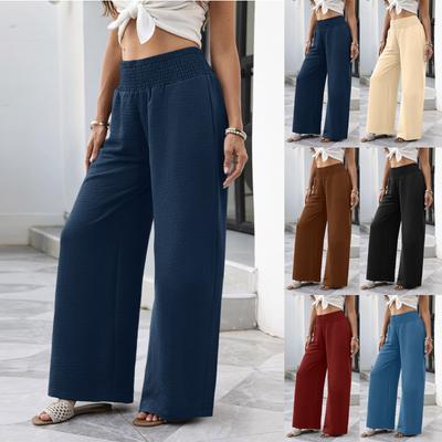 Leinen Freizeit Hosen mit weitem Bein für Damen Elastischer Bund Vielseitig Business Casual Arbeit Palazzo Hosen mit Taschen