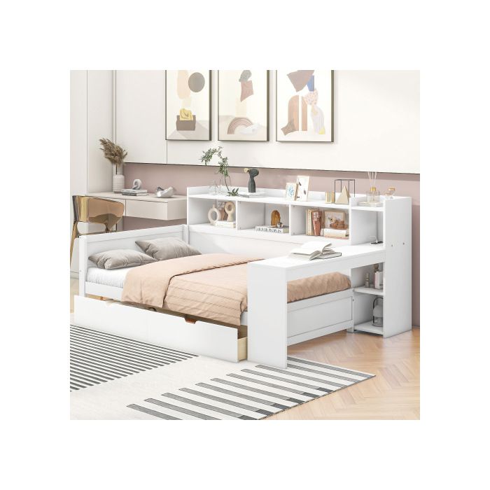 Canapé-lit - MUVOE - 90 X 200 Cm - Blanc - Prise USB - 2 Tiroirs De Rangement