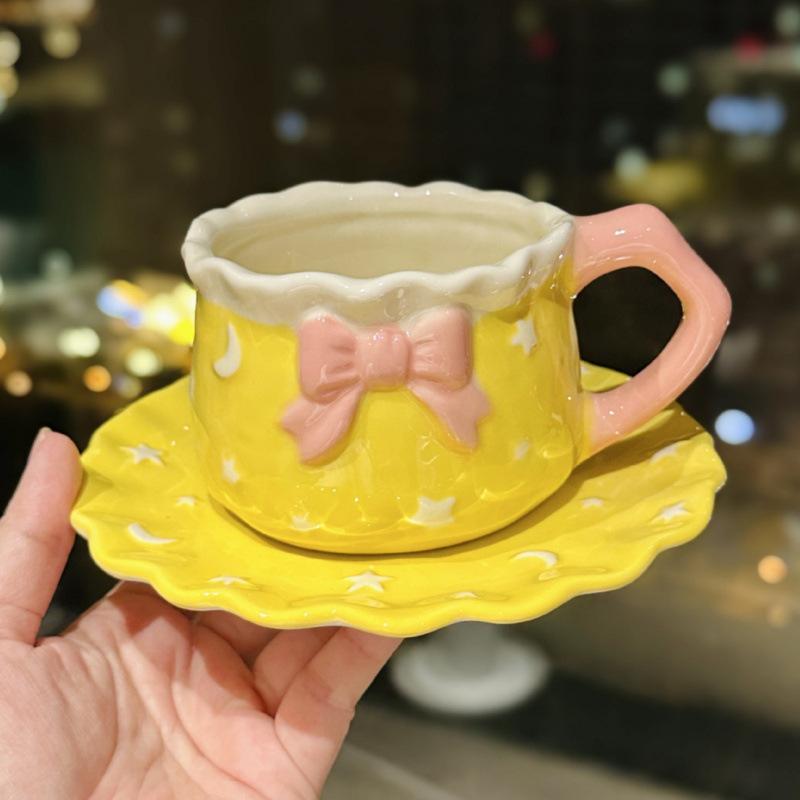 Kleine frische Sternenhimmel Tasse und Untertasse Keramik Kaffeetasse Büro Mädchen Herz Schleife Nachmittagstee Tasse und Untertasse Souvenir