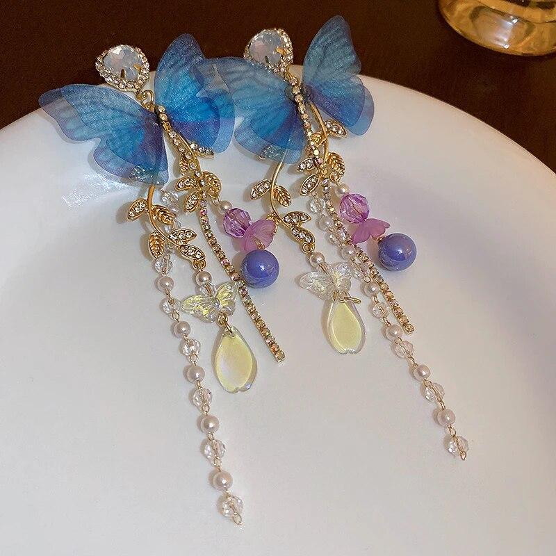 Blue Butterfly Drop Earring For Women Imitation Pearl Crystal Long Tassel Chain Rhinestone Earring Party Wedding Jewelry Gifts