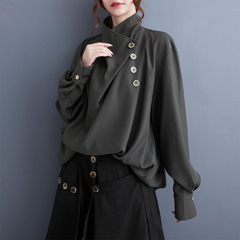Dark Style Ruffle Neck Long Sleeve Casual Shirt