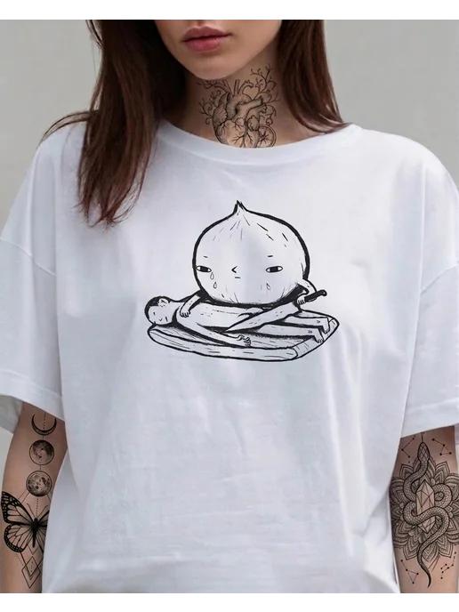 Minimalist onion with a knife design T-shirt, Y2K 2XL