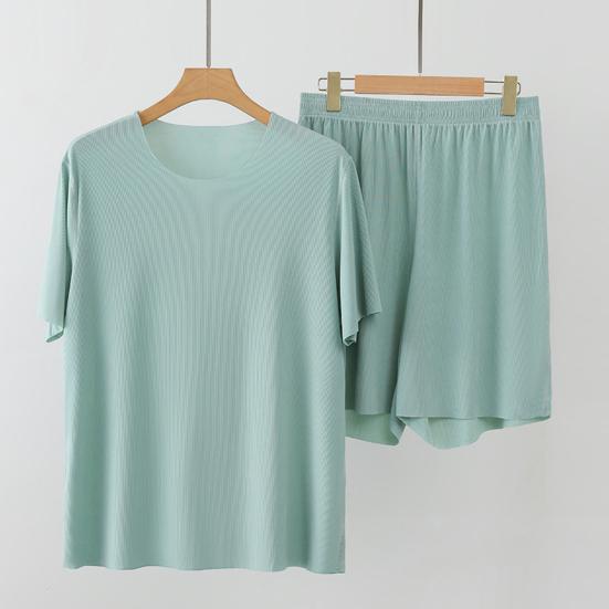 Set de 2 bucăți de pantaloni scurți pentru bărbați, cu decolteu în formă de O, cu mâneci scurte, cu talie elastică, cu picioare late, set de pijamale, fără sudură, din mătase de gheață