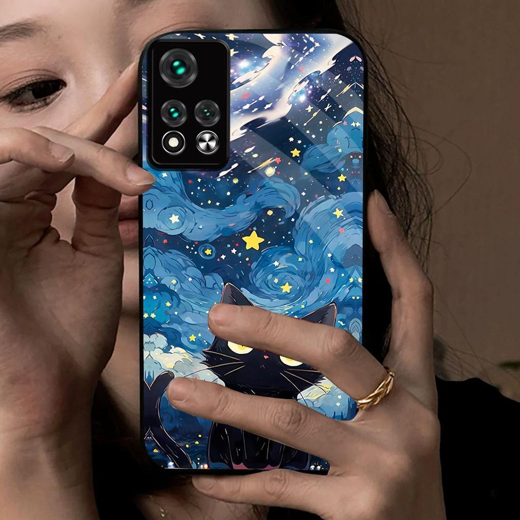 Case for Xiaomi POCO X4 Pro 5G Anime Black Cat Starry Cloud Print Phone Cover Acrylic Hard Back Shell With Flexible TPU Edge