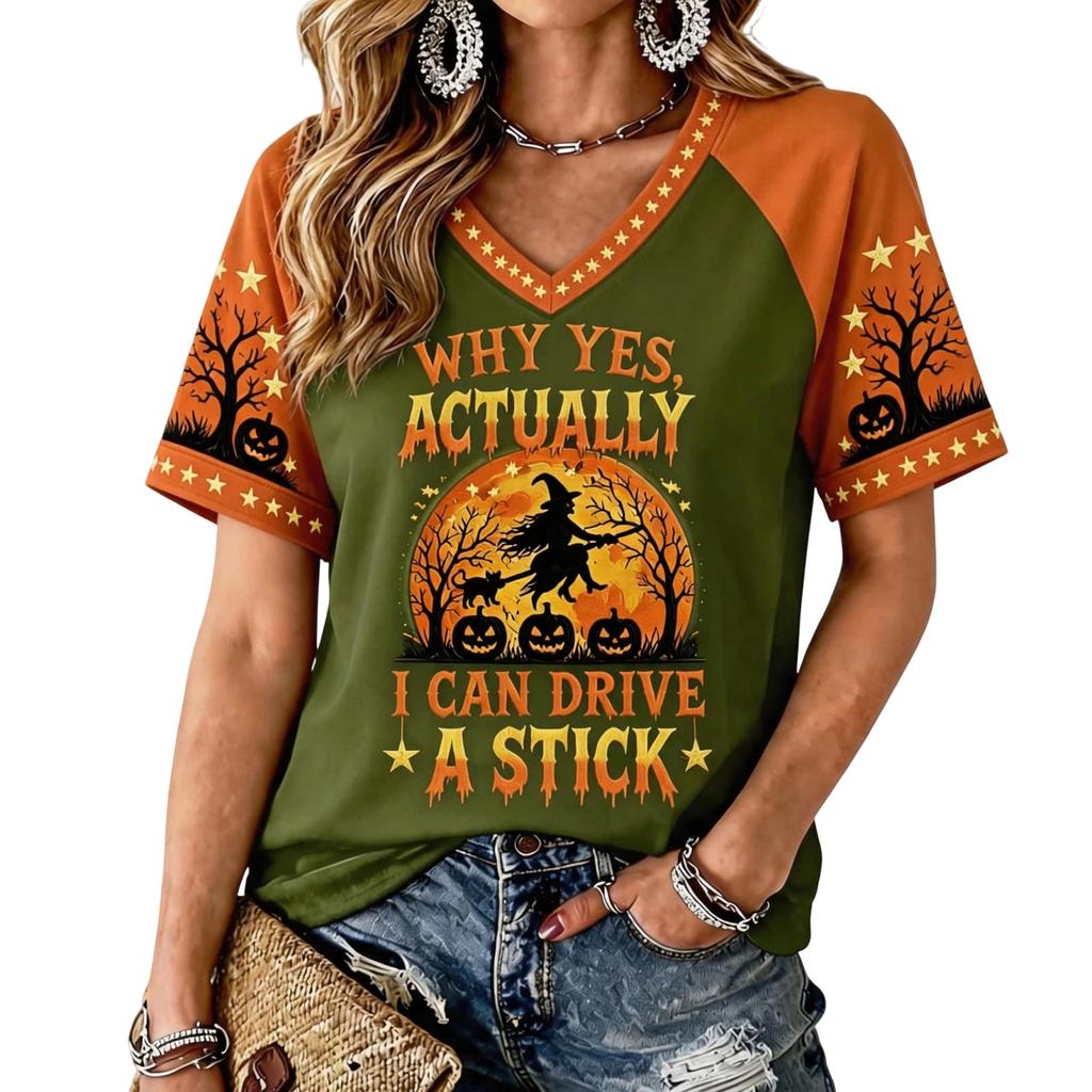 Women's Halloween Print Raglan Short Sleeve T-Shirt