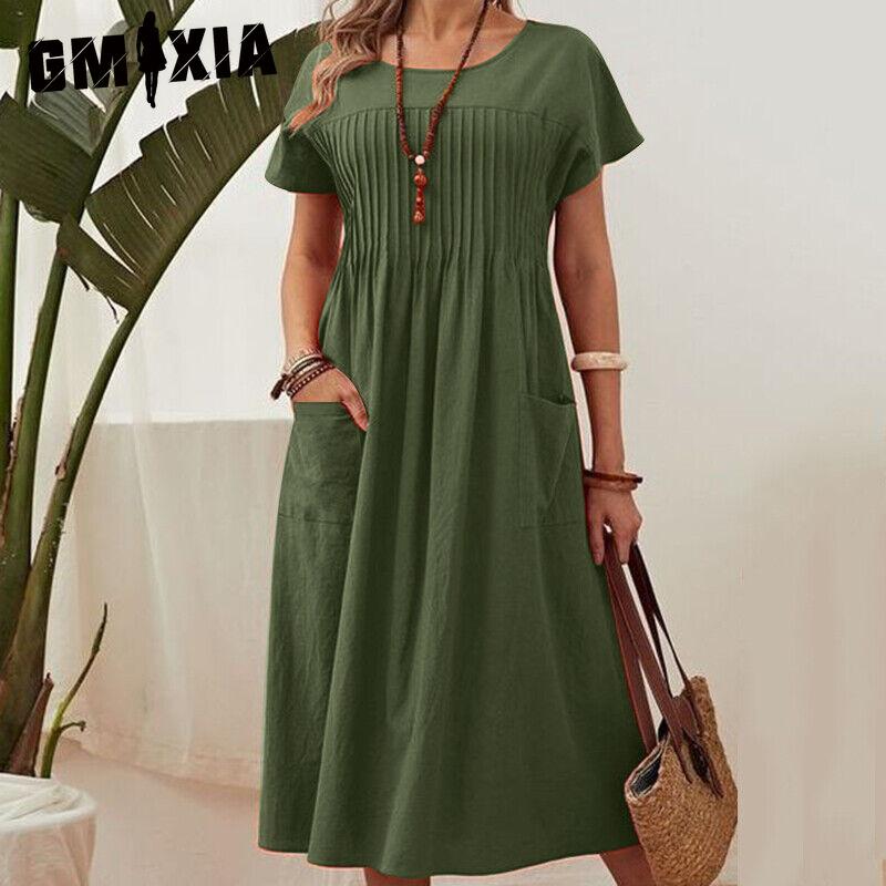 GMXIA Sommer Dame Pluss Størrelse Kjole Lang Ensfarget Bomull Lin Rund Hals Lommer Plissert Kortermet Kjoler