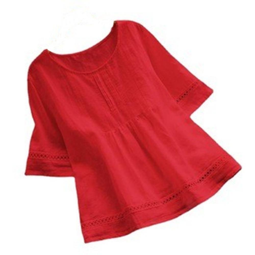 Women's Retro Casual Petticoat Summer Solid Color Cotton Linen Top Half Sleeve Round Neck Splicing Shirt Hollow Top