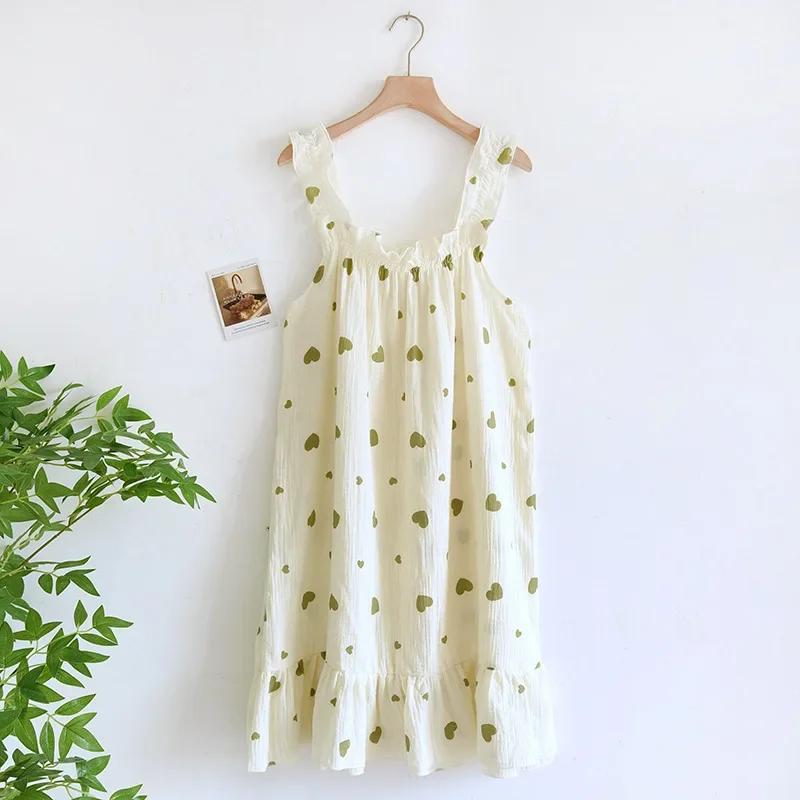 Ladies Summertime Cotton Yarn Pure Cotton Thin Suspender Nightdress Loose Mid-length Sweet and Lovely Long-cut Home Dress Camisola Sexy