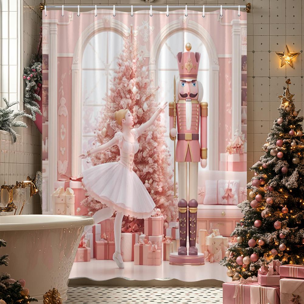 Christmas Ballet Shower Curtain Nutcracker And Tree Print Polyester Bath Curtain With Hooks For Holiday Decor
