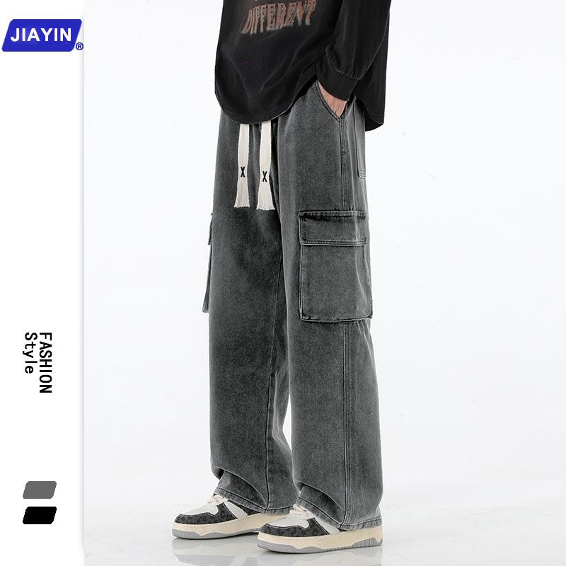Men's Retro Wide-Leg Multi-Pocket Jeans - Spring/Fall Casual Workwear Pants