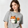 Japanese Food Lover Unisex Cotton T Shirt Cute Cartoon Fox Nigiri Sushi Graphic Lovely Heart Minimal Loose Fit Short Sleeve Tops