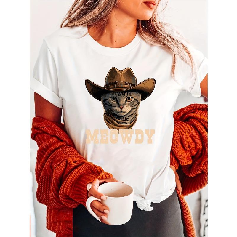 Cowboy Cat Print Crew Neck T-shirt, Short Sleeve Casual Top For Summer & Spring, Women's Clothing