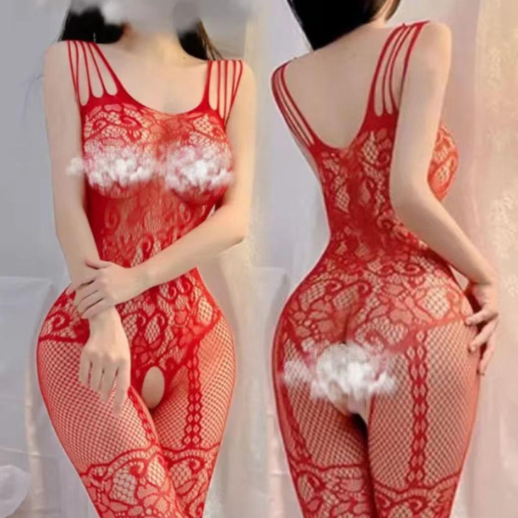 Červený Zvěrokruh Sexy Bez Ramínek Síťovaný Body s Otevřeným Rozkrokem & Odnímatelnými Síťovanými Punčochami