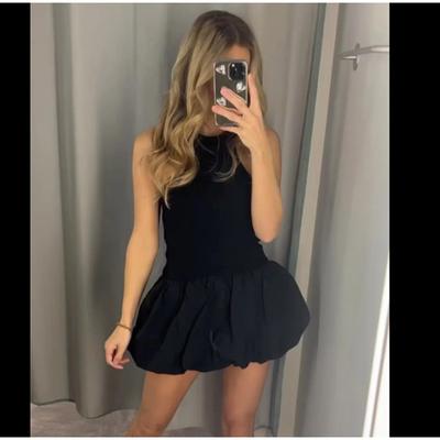 Knit Backless Pleated Ball Gown Female Dresses Spring Summer Sleeveless Street Lady Mini Robe